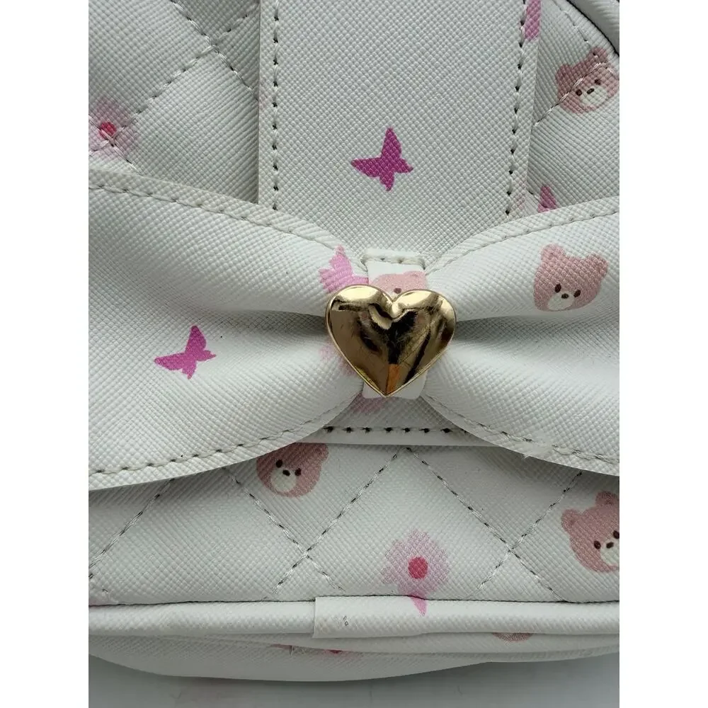 UNDER ONE SKY Mini Backpack Purse White Pink Bear Print Bow Bag Charm